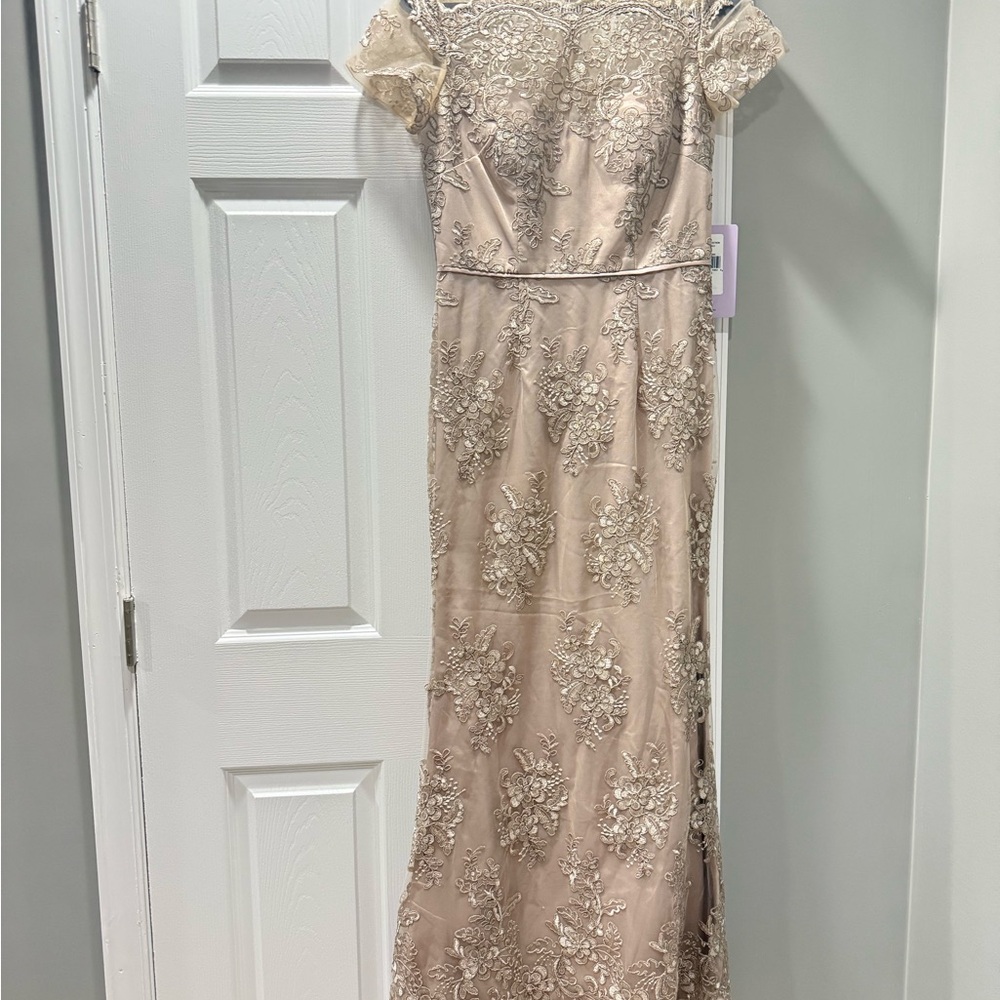 JS Collections Cream Sequin High Low Gown with Flutter Sleeves